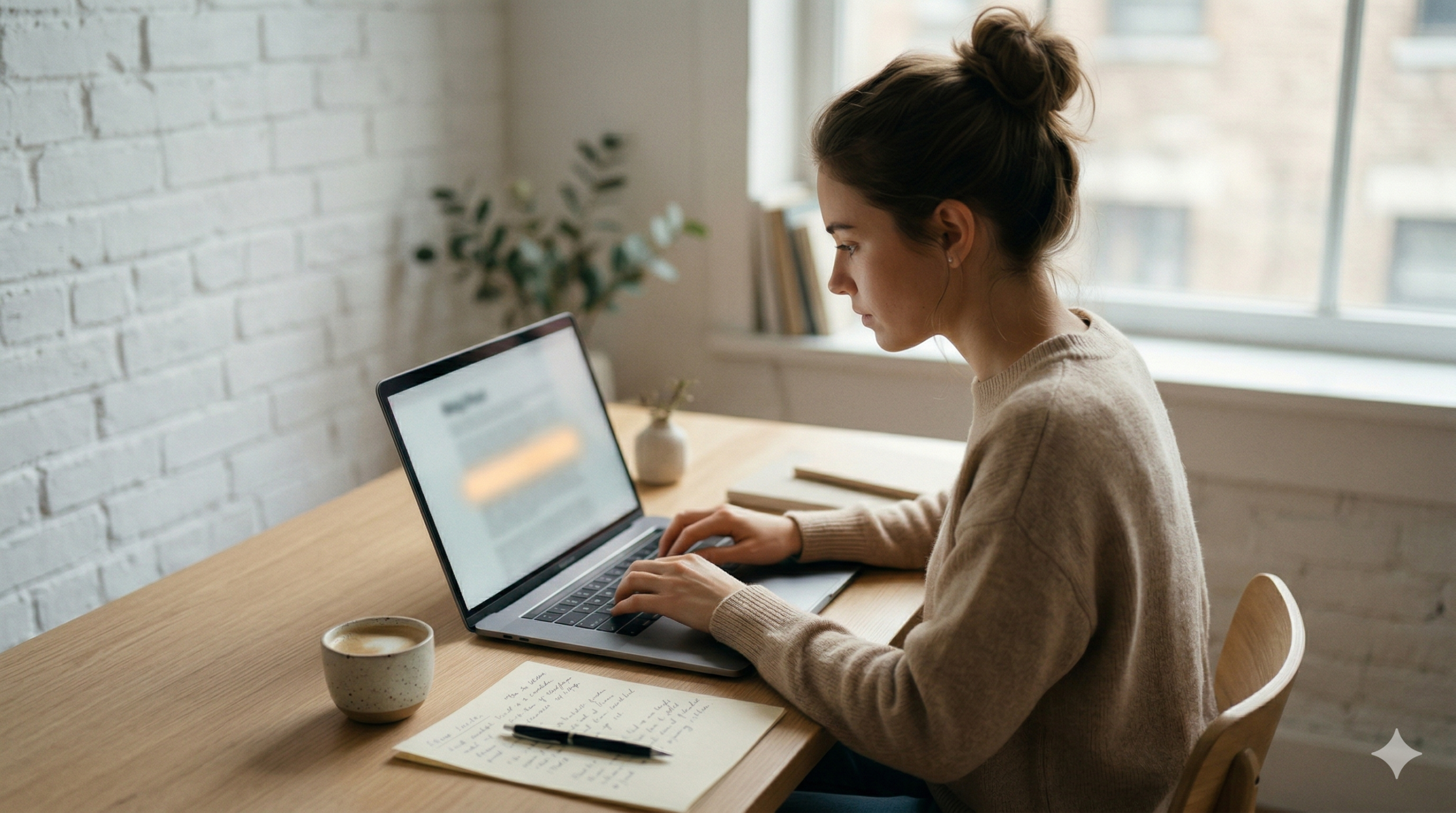 Mladá žena v presvetlenej kancelárii sústredene pracuje na notebooku a analyzuje temné odkazy v blogovom príspevku, pričom jeden z nich je na obrazovke jasne zvýraznený teplou oranžovou farbou.